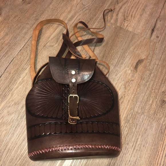 VTG Leather Mini BackPack Buckles Long Straps Tooled Starburst Pattern - Picture 2 of 9
